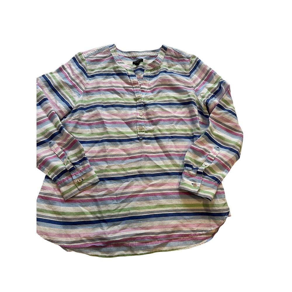 Talbots Linen Shirt Womens MP Medium Petite Striped Tunic Popover Henley Top